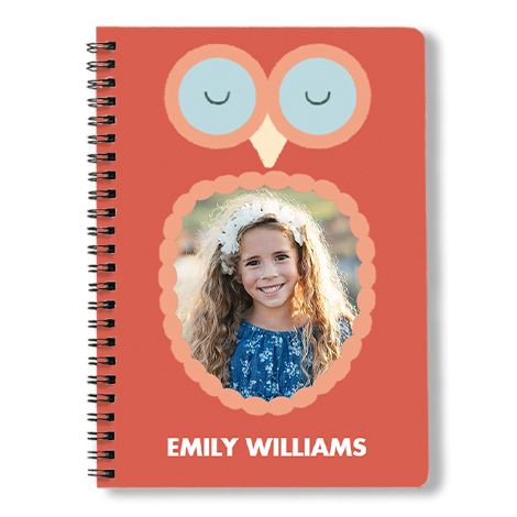 Owl framed spiral book with a girl's face.